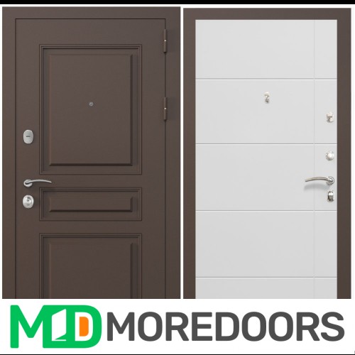 Входная дверь ZELAR Евро 2, RAL 8019(штамп 2) коричневый классика, белый матовый №156