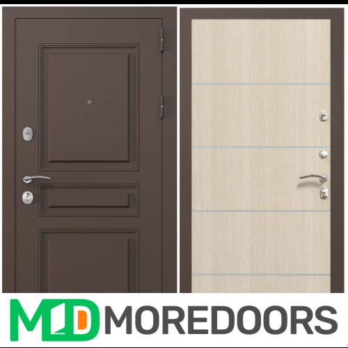 Входная дверь ZELAR Евро 2, RAL 8019(штамп 2) коричневый классика, лиственница беж молдинг №11