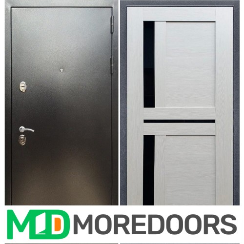 Металлическая дверь REX 5 (антик серебро) сб-18 лиственница бежевая черное стекло
